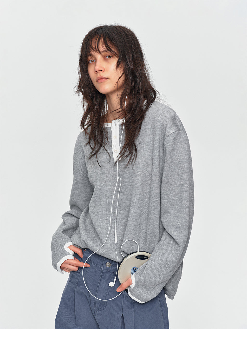 MADWITCH THUMB-HOLE CONTRAST WAFFLE HENLEY SHIRT #RT108