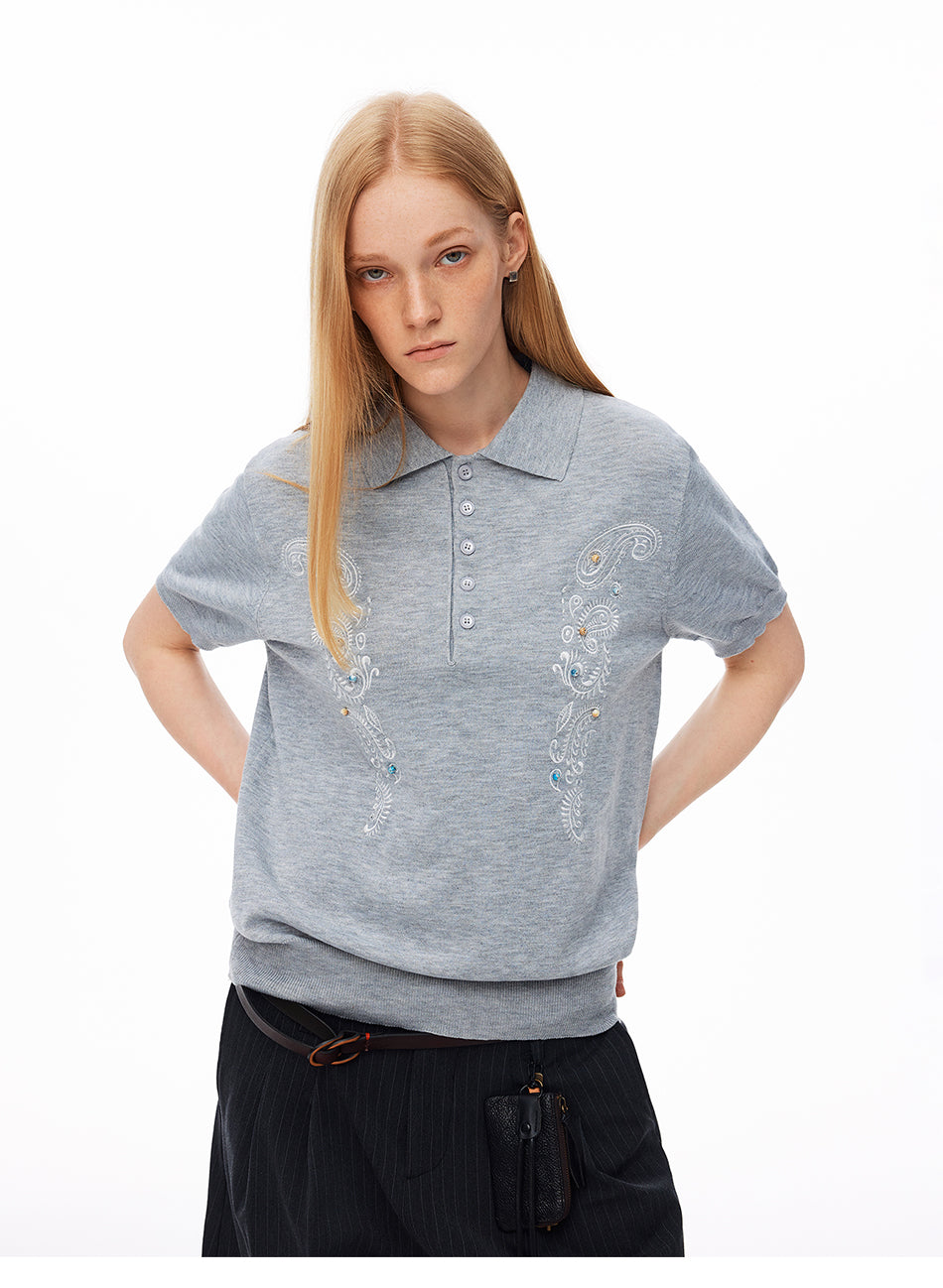 MADWITCH EMBROIDERED BEADED PAISLEY KNIT POLO #991358