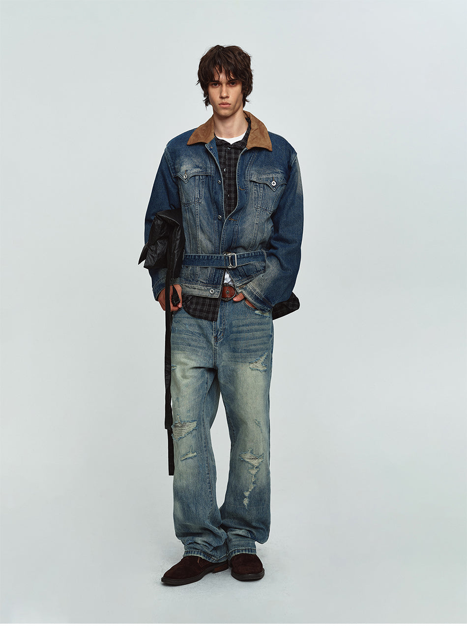 MADWITCH CONTRAST-COLLAR WASHED DISTRESSED DENIM JACKET #Z1650
