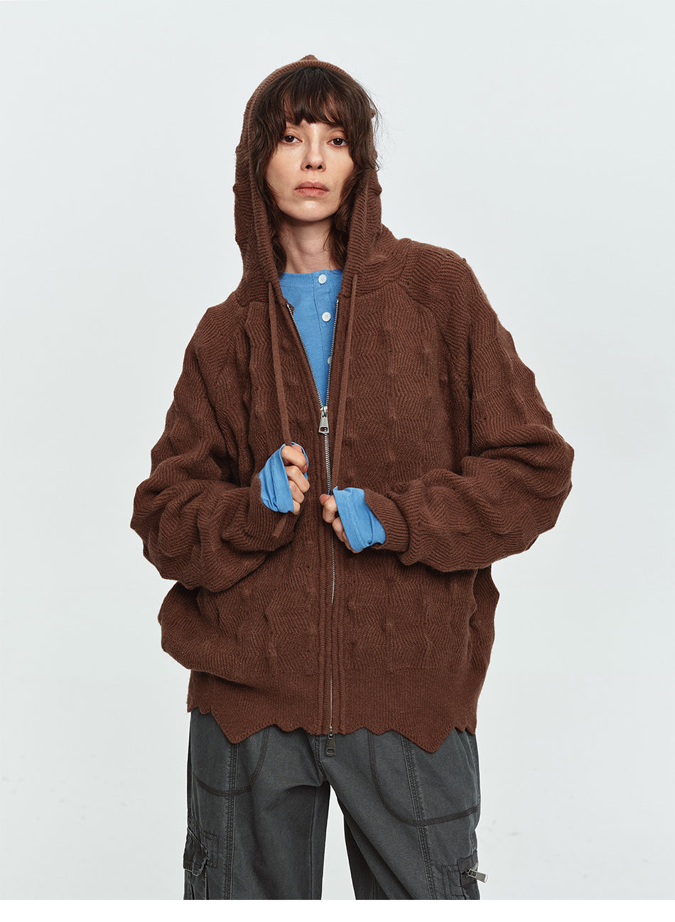MADWITCH ASYMMETRIC CABLE-KNIT HOODED CARDIGAN #L2026708