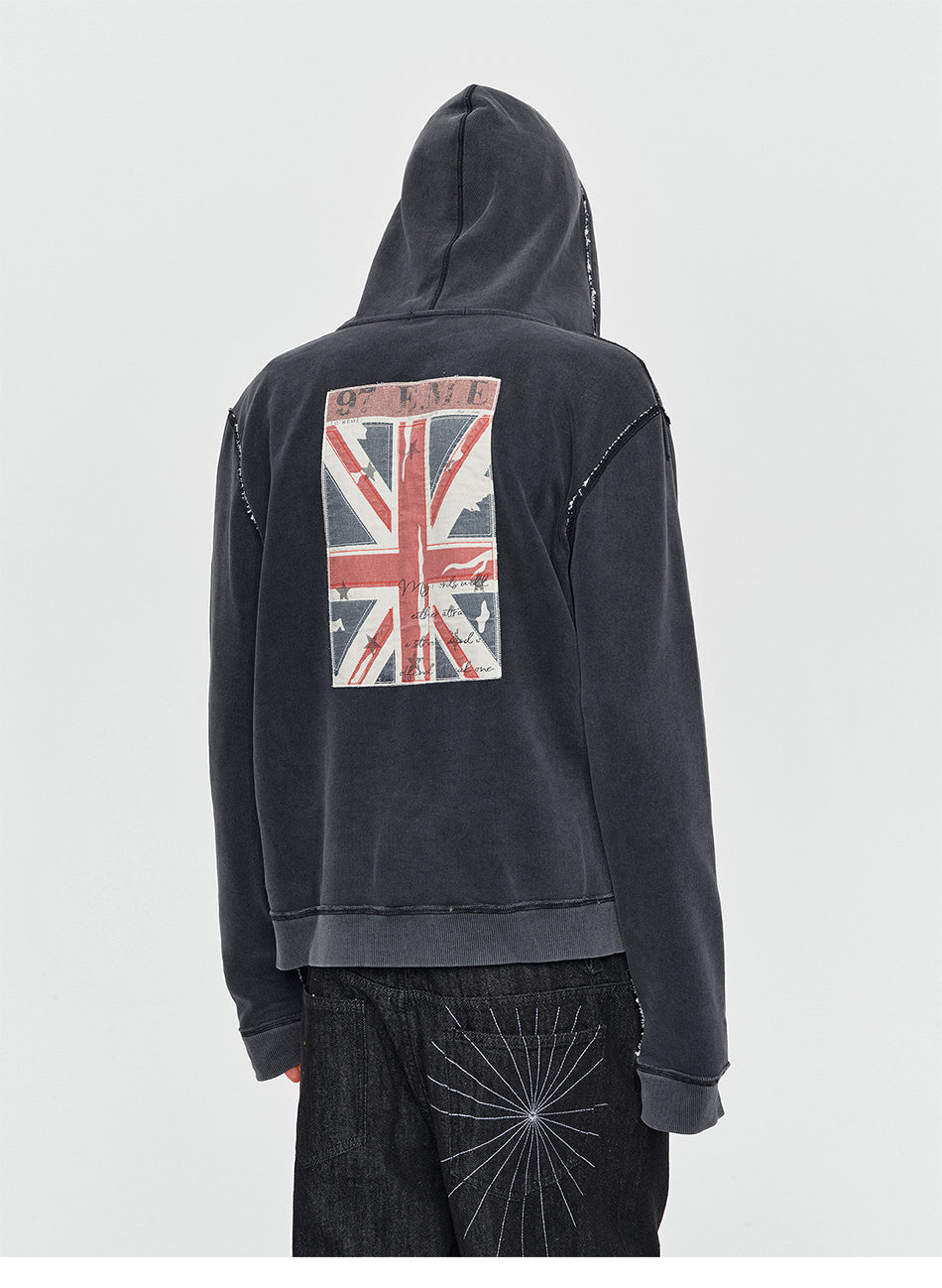 MADWITCH WASHED GRAPHIC-PATCH CROPPED ZIP HOODIE #2606WT5096