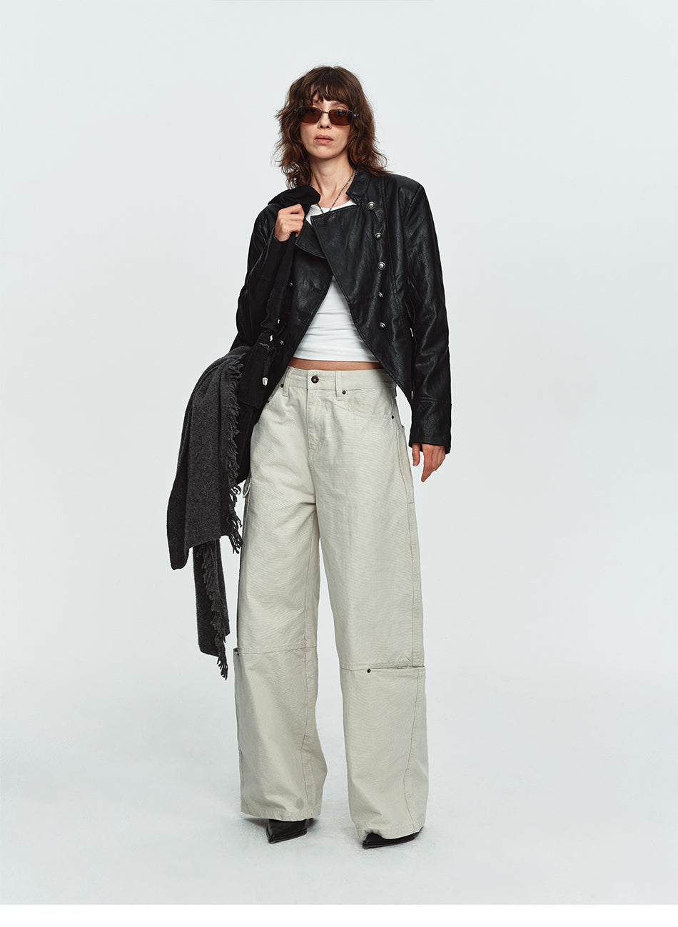 MADWITCH ASYMMETRIC DOUBLE-BREASTED CROPPED FAUX-LEATHER JACKET #C2026351