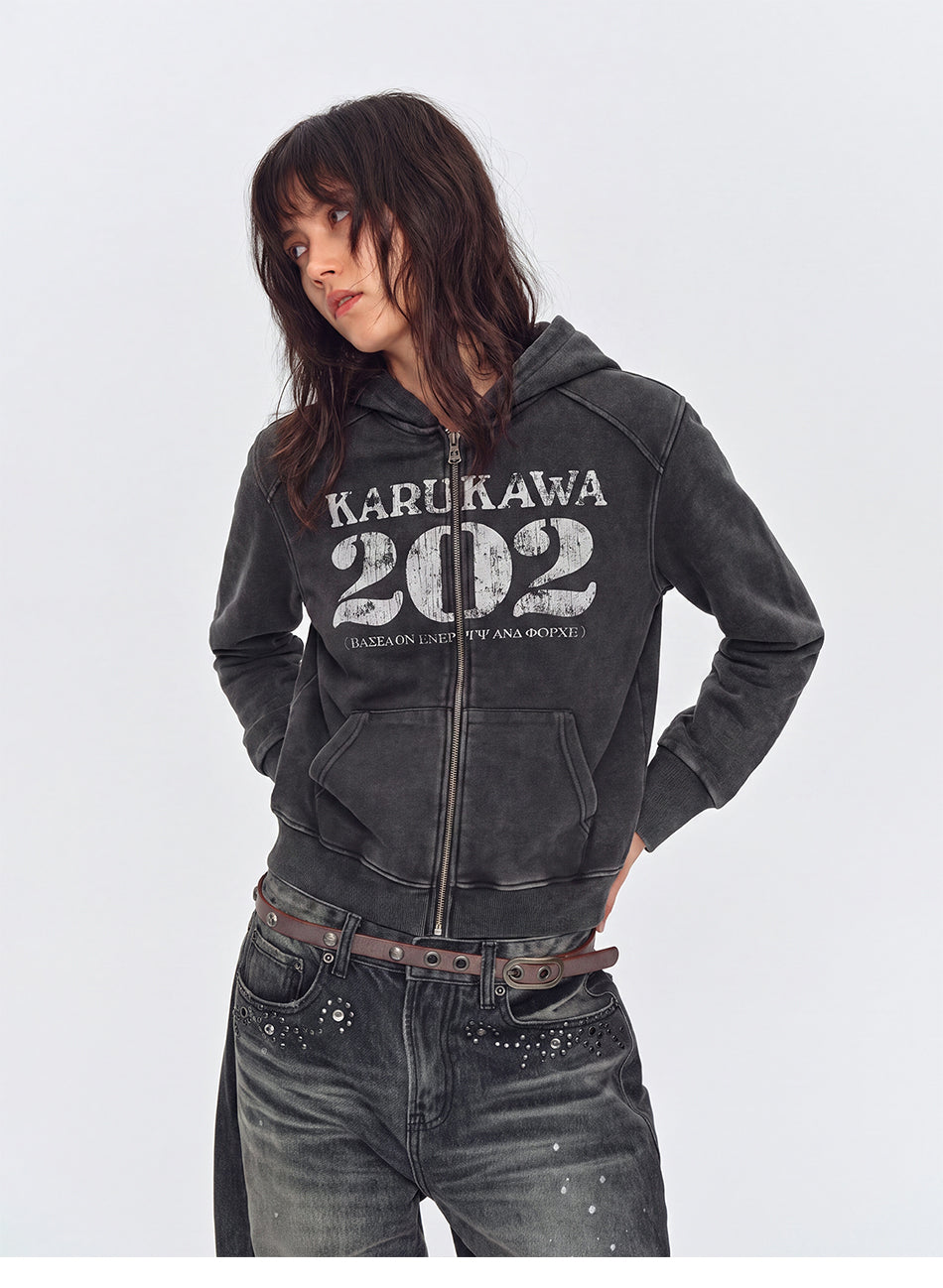 MADWITCH CRACKED-PRINT WASHED ZIP HOODIE #CW1375N