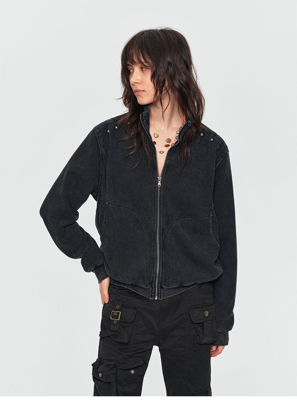 MADWITCH STUDDED WASHED-TEXTURE STAND-COLLAR CROPPED JACKET #2606WT5098