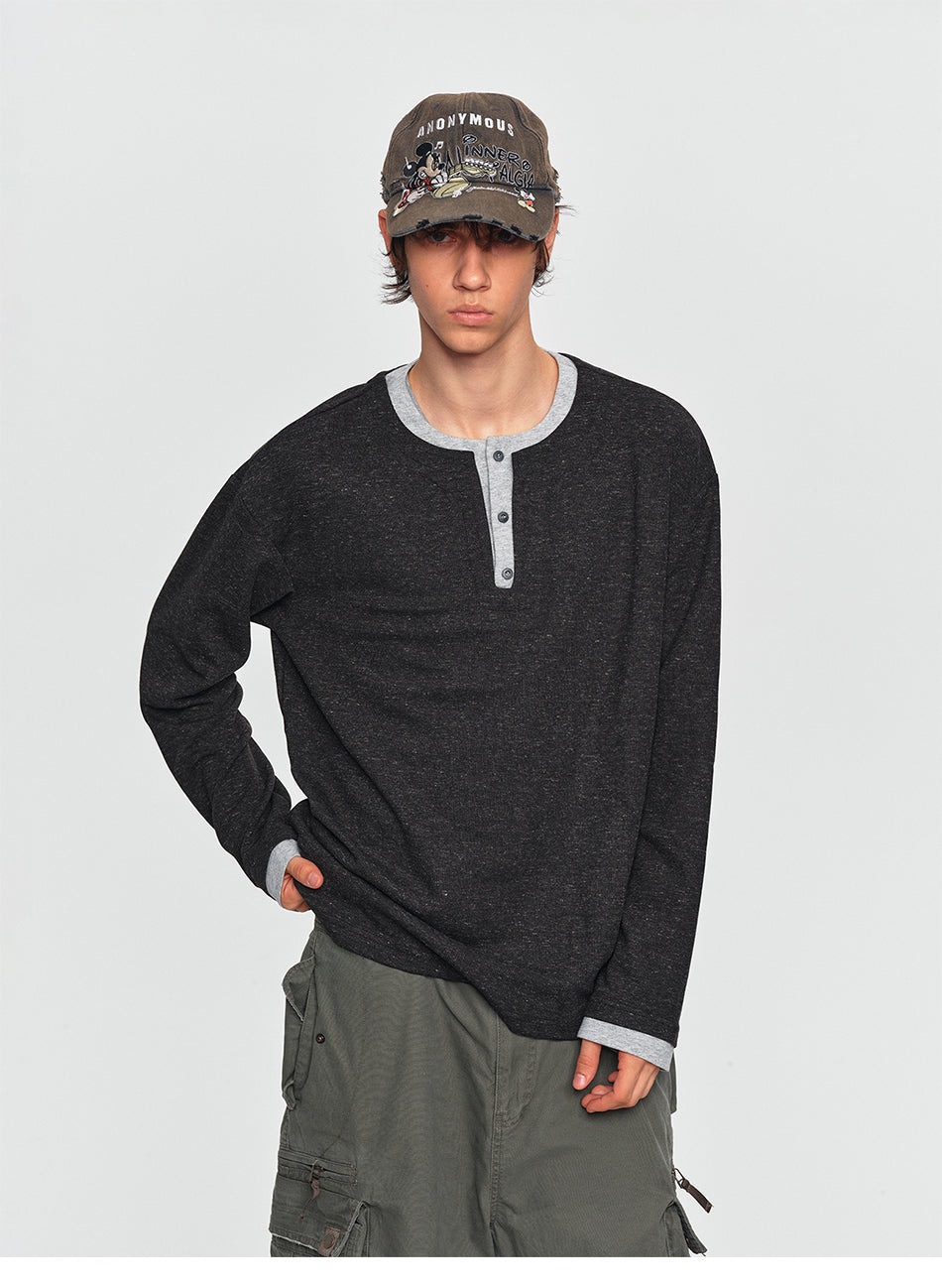 MADWITCH CONTRAST-RIB MARLED HENLEY SHIRT #880938
