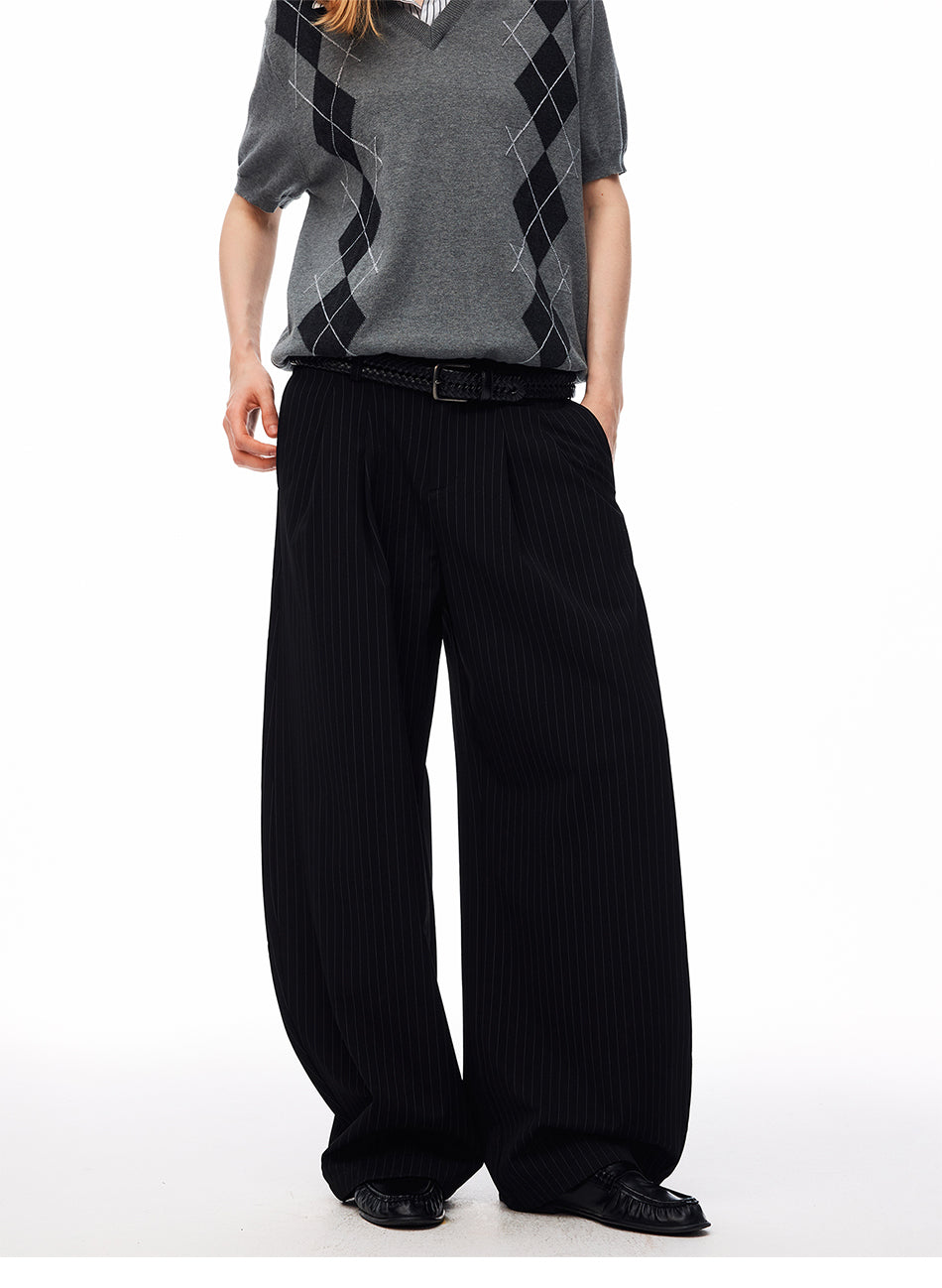 MADWITCH STRIPED PLEATED CURVED WIDE-LEG PANTS #CK61039