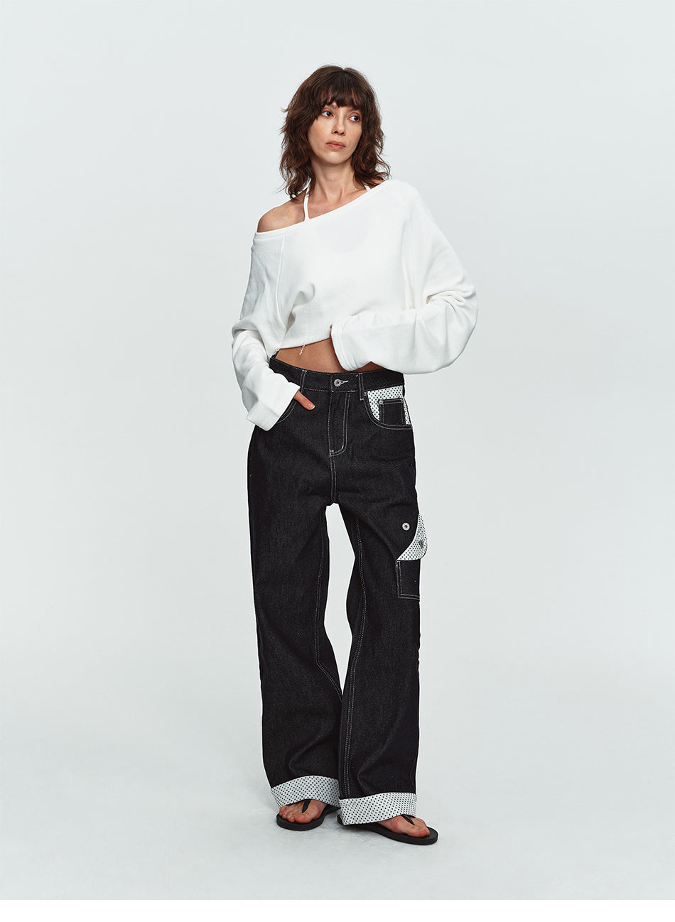MADWITCH POLKA-DOT PATCHWORK CUFFED WIDE-LEG JEANS #G60107