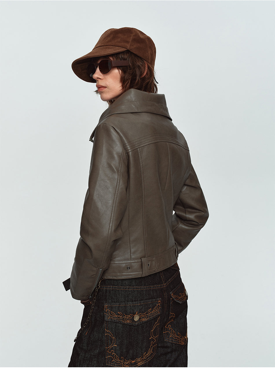 MADWITCH ASYMMETRIC-ZIP HIGH-COLLAR CROPPED FAUX-LEATHER BIKER JACKET #L2026611