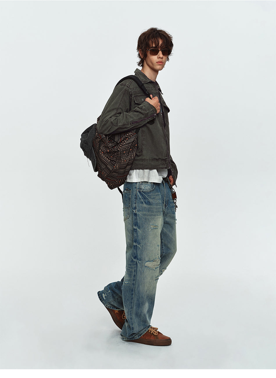 MADWITCH WASHED DISTRESSED COLLARED CROPPED DENIM JACKET #DY3016