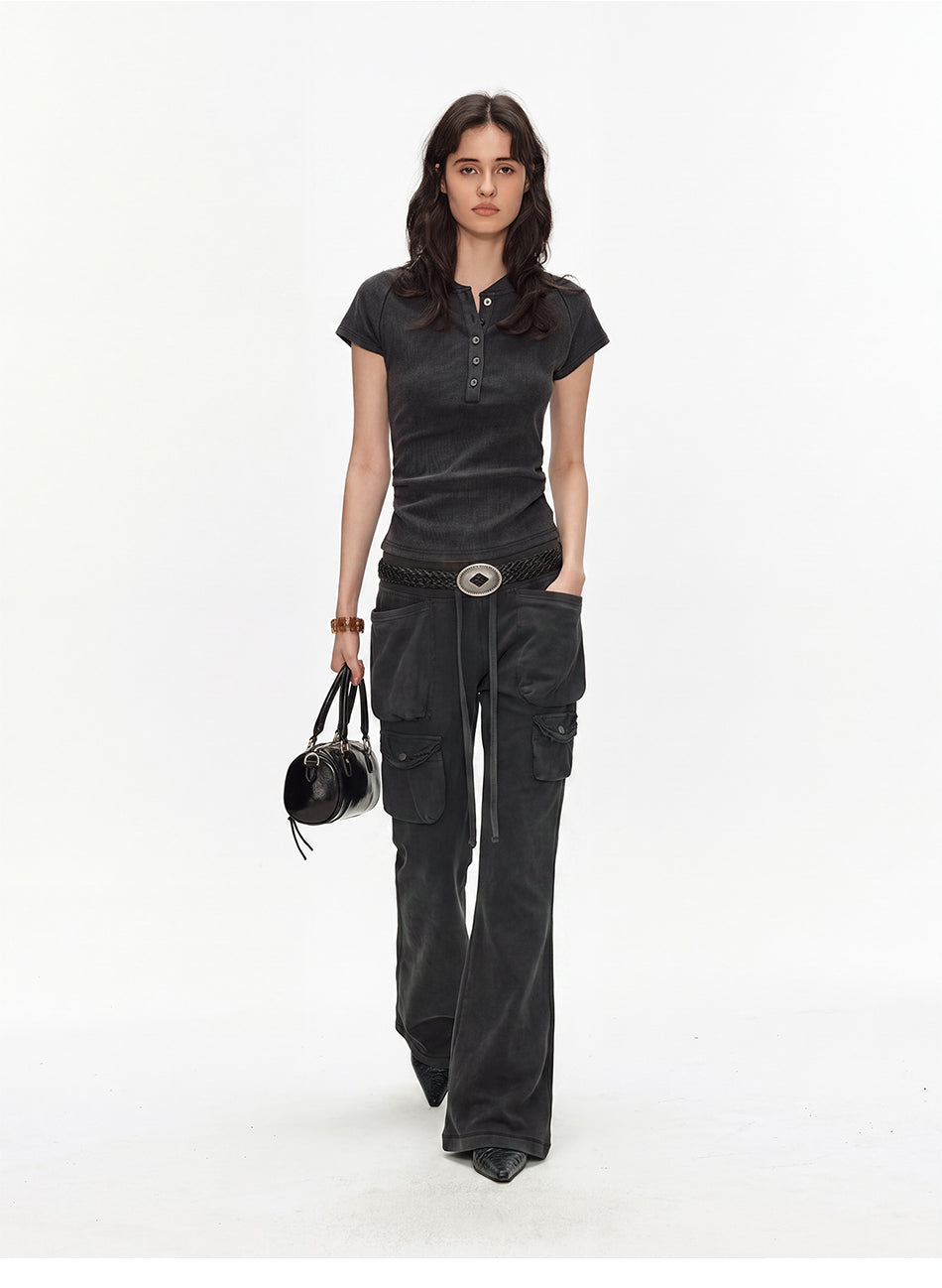 MADWITCH WASHED DISTRESSED MULTI-POCKET FLARE SWEATPANTS #CN61065