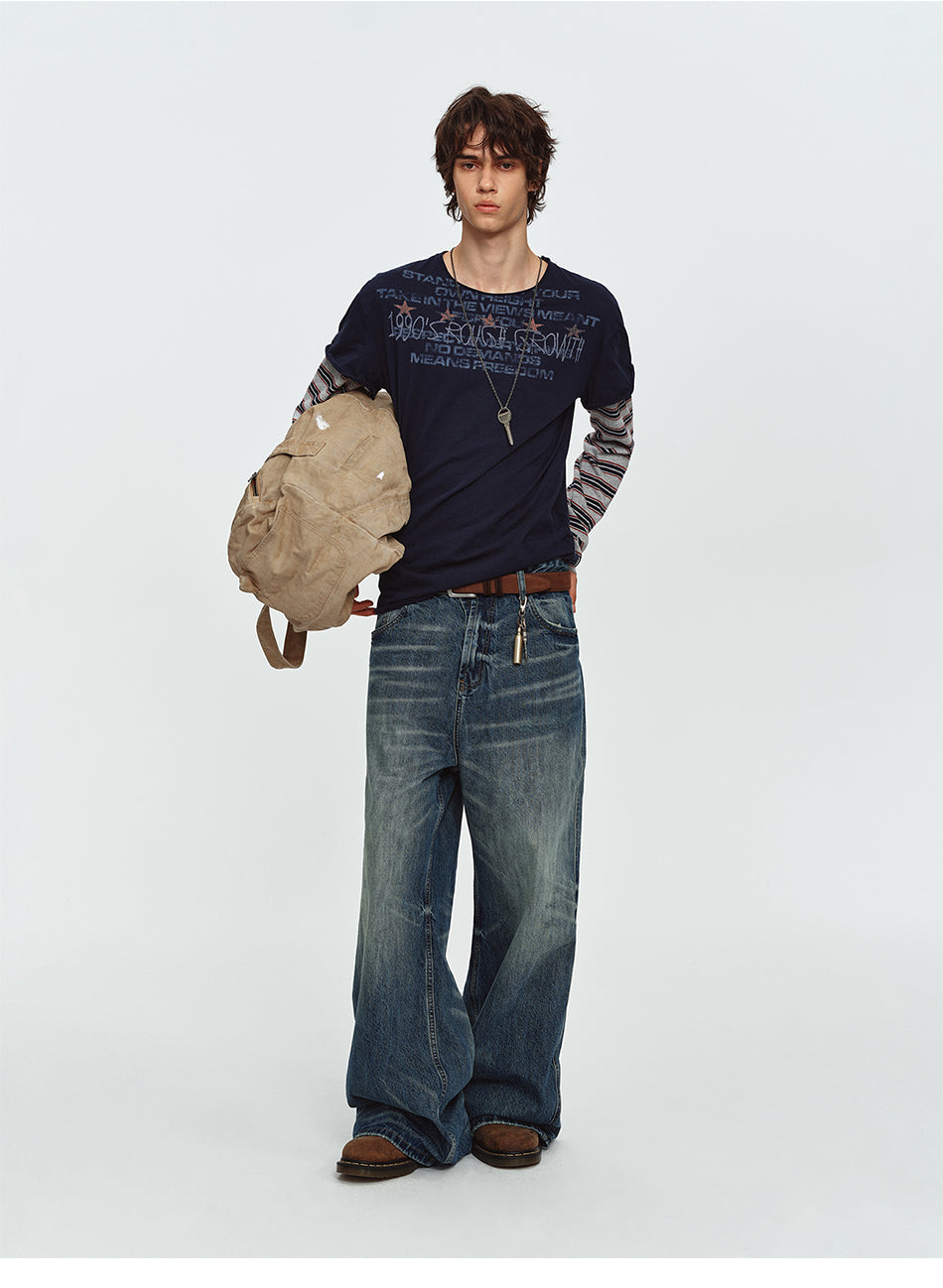 MADWITCH STRIPED-LAYERED LETTER-PRINT LONG-SLEEVE T-SHIRT #TC186