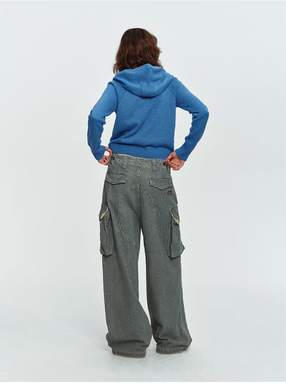 MADWITCH WASHED STRIPED MULTI-POCKET CARGO PANTS #CK9860