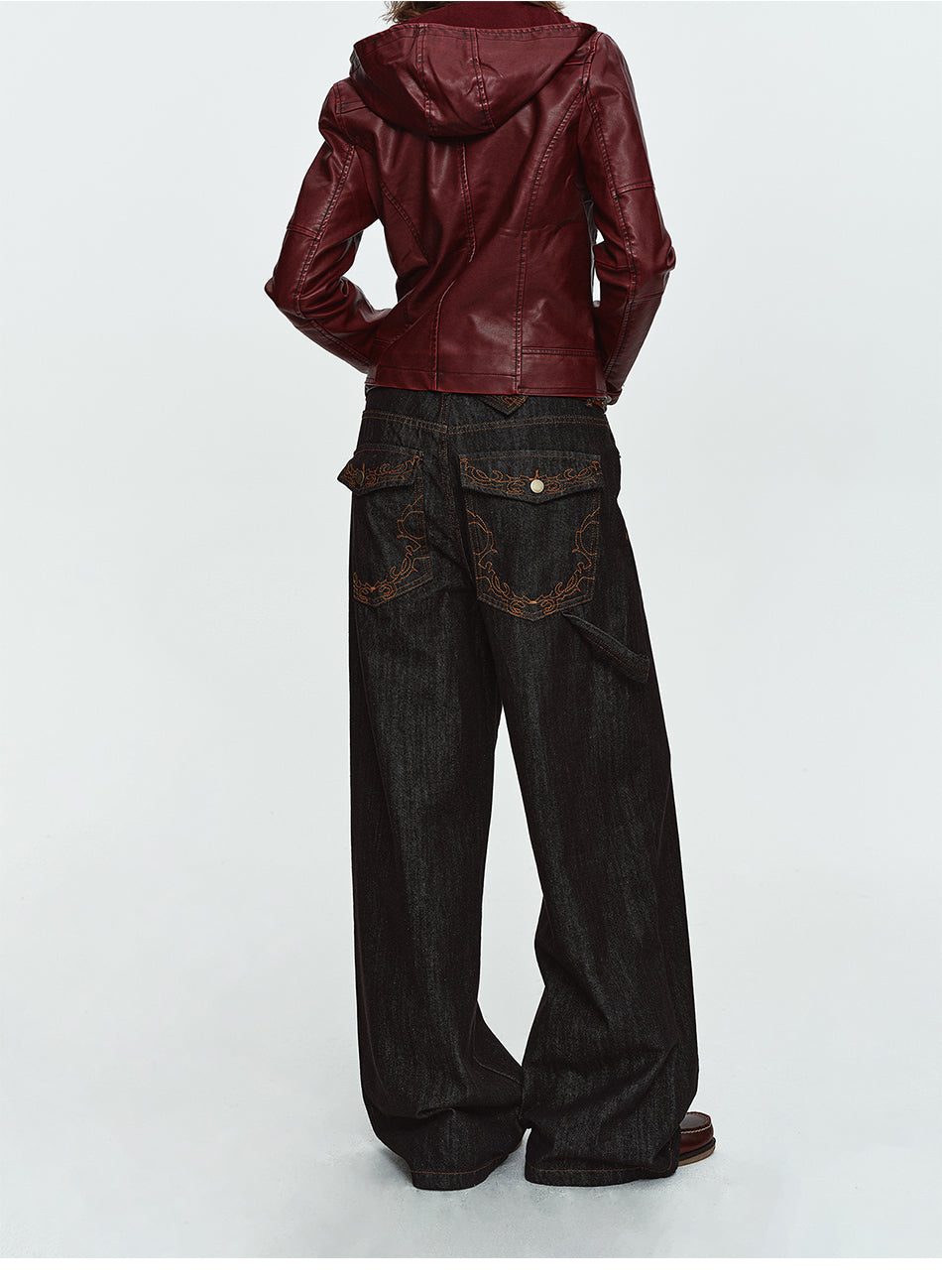 MADWITCH BACK-EMBROIDERED RAW-DENIM WIDE-LEG JEANS #DR8219