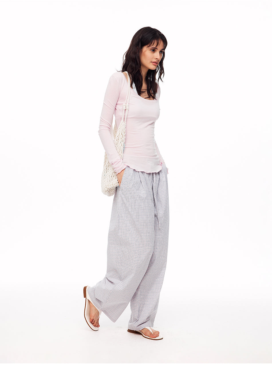 MADWITCH MINIMALIST PLAID DRAWSTRING WIDE-LEG PANTS #CK61081