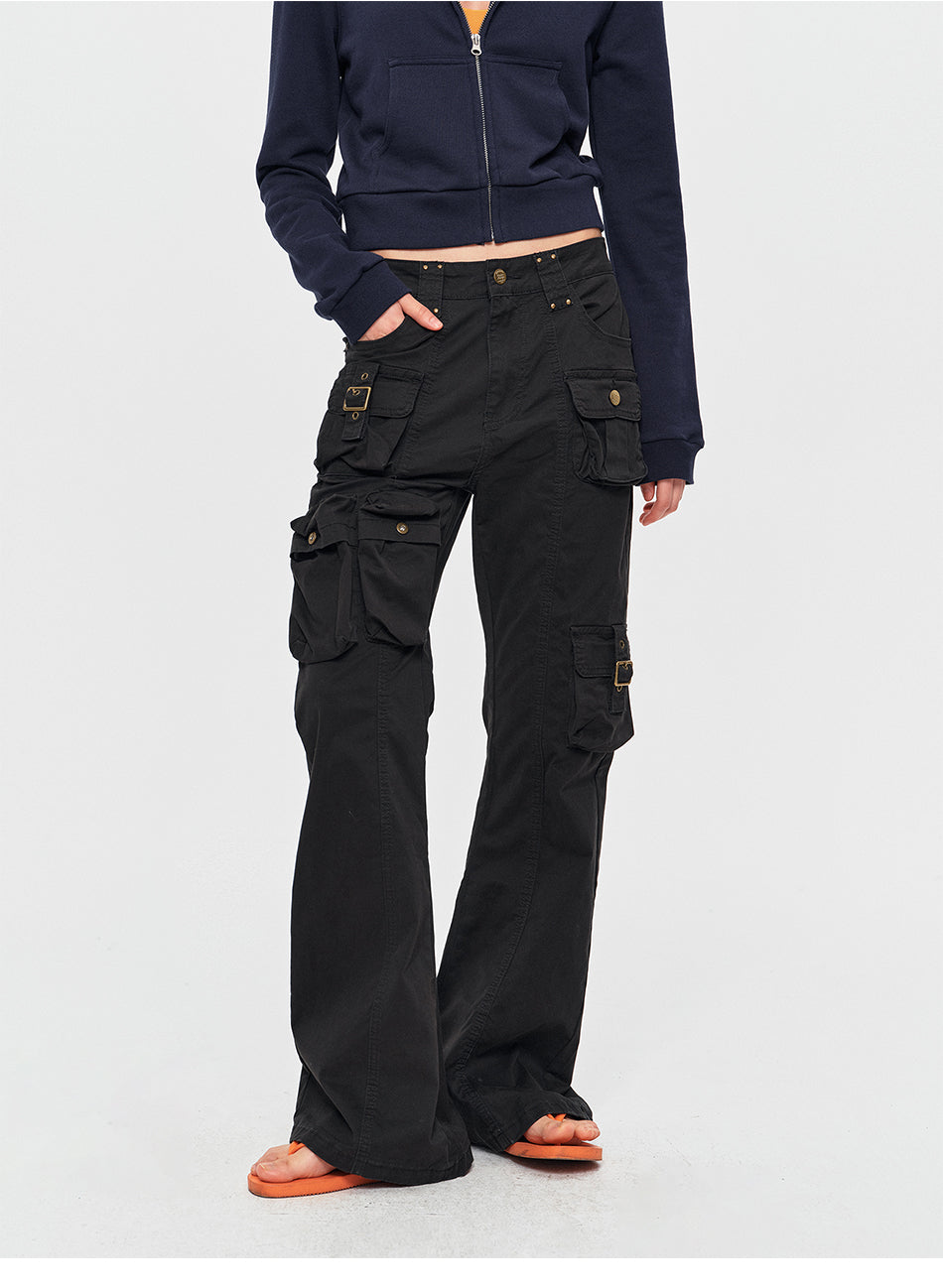 MADWITCH STUDDED LOW-RISE FLARED CARGO PANTS #CN3657