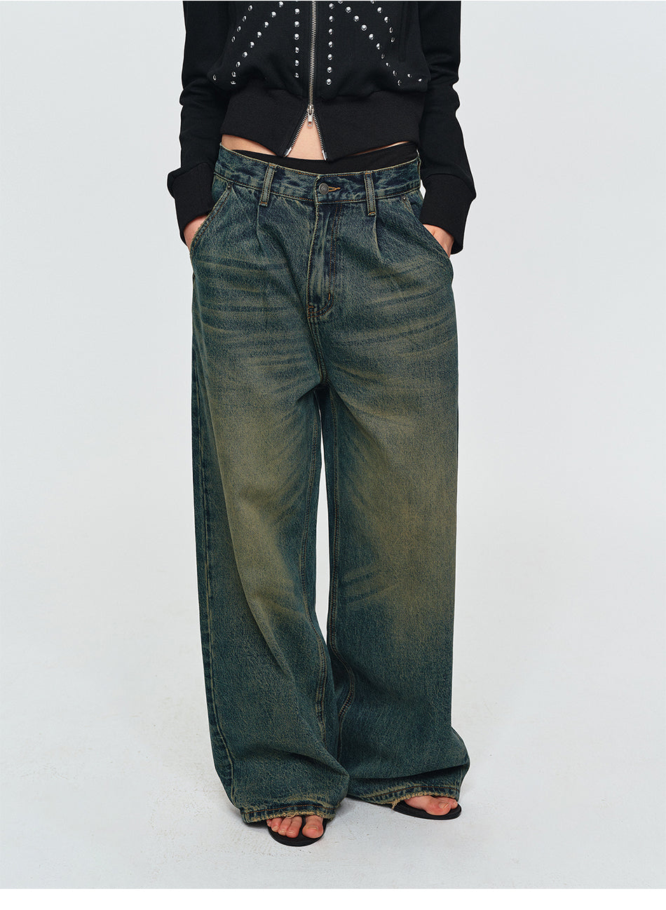 MADWITCH DOUBLE-PLEATED WASHED WIDE-LEG JEANS #CK9853