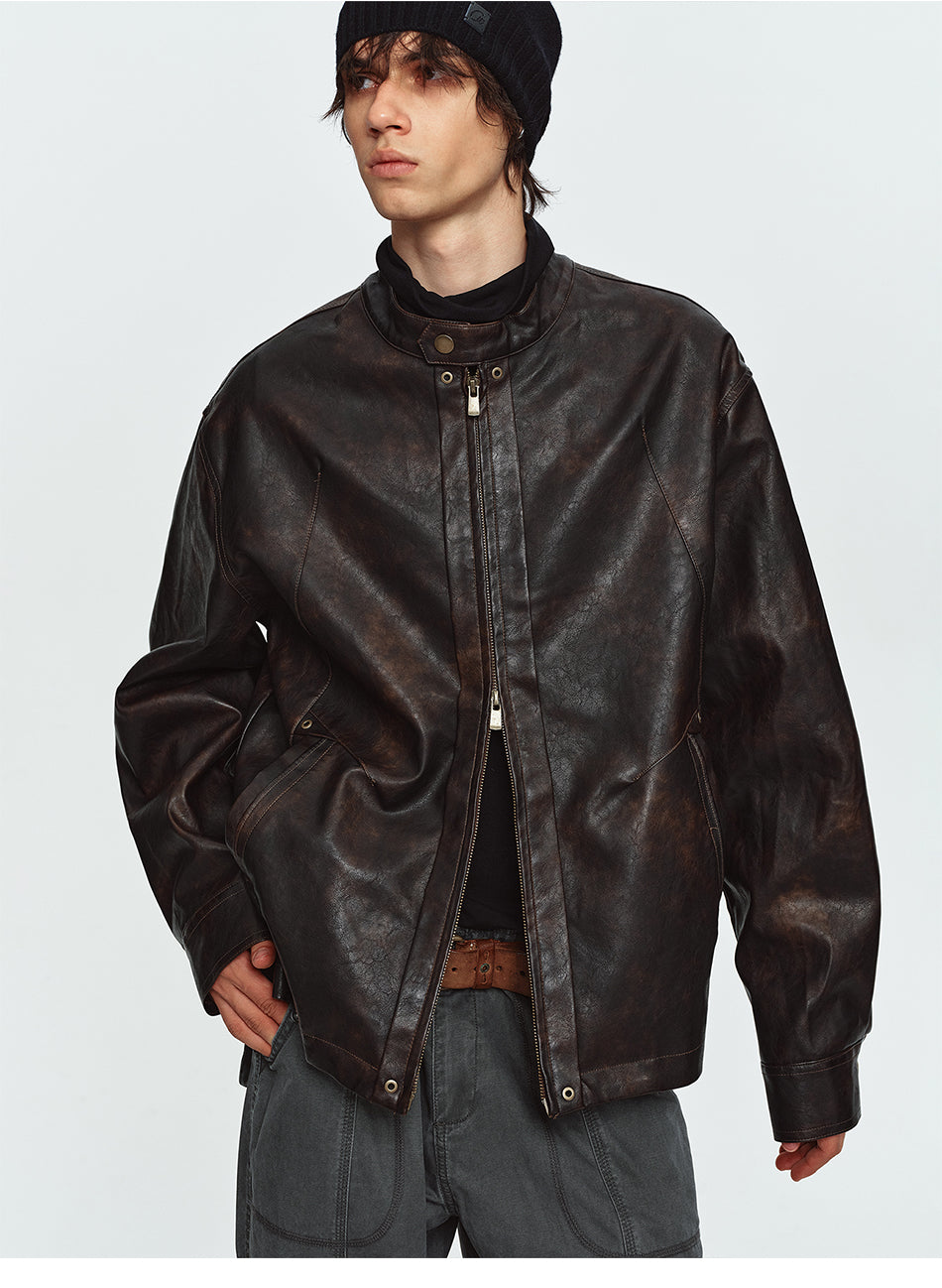 MADWITCH DISTRESSED STAND-COLLAR FAUX-LEATHER MOTO JACKET #991515