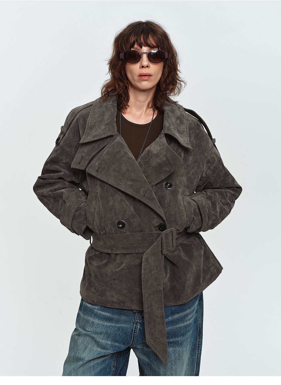MADWITCH DOUBLE-BREASTED CINCHED DISTRESSED FAUX-SUEDE JACKET #2026325
