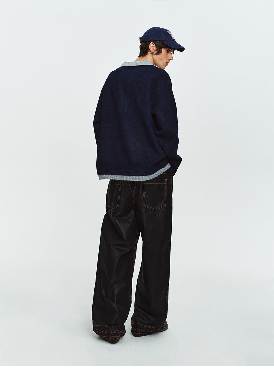 MADWITCH LAYERED CONTRAST-COLLAR BUTTON-PLACKET POLO SWEATER #68562