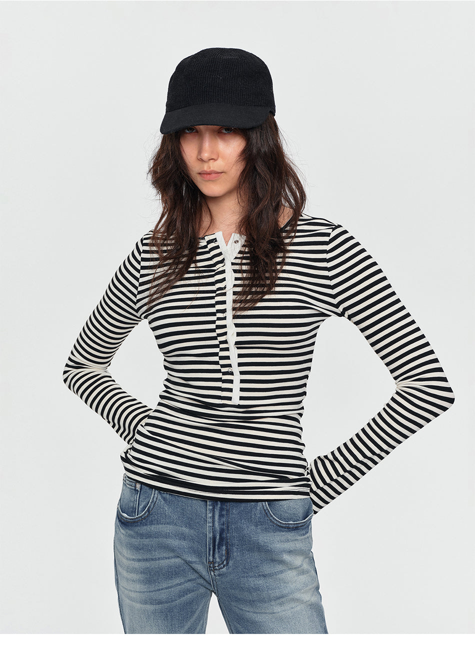 MADWITCH CONTRAST STRIPED HENLEY TEE #L2026288