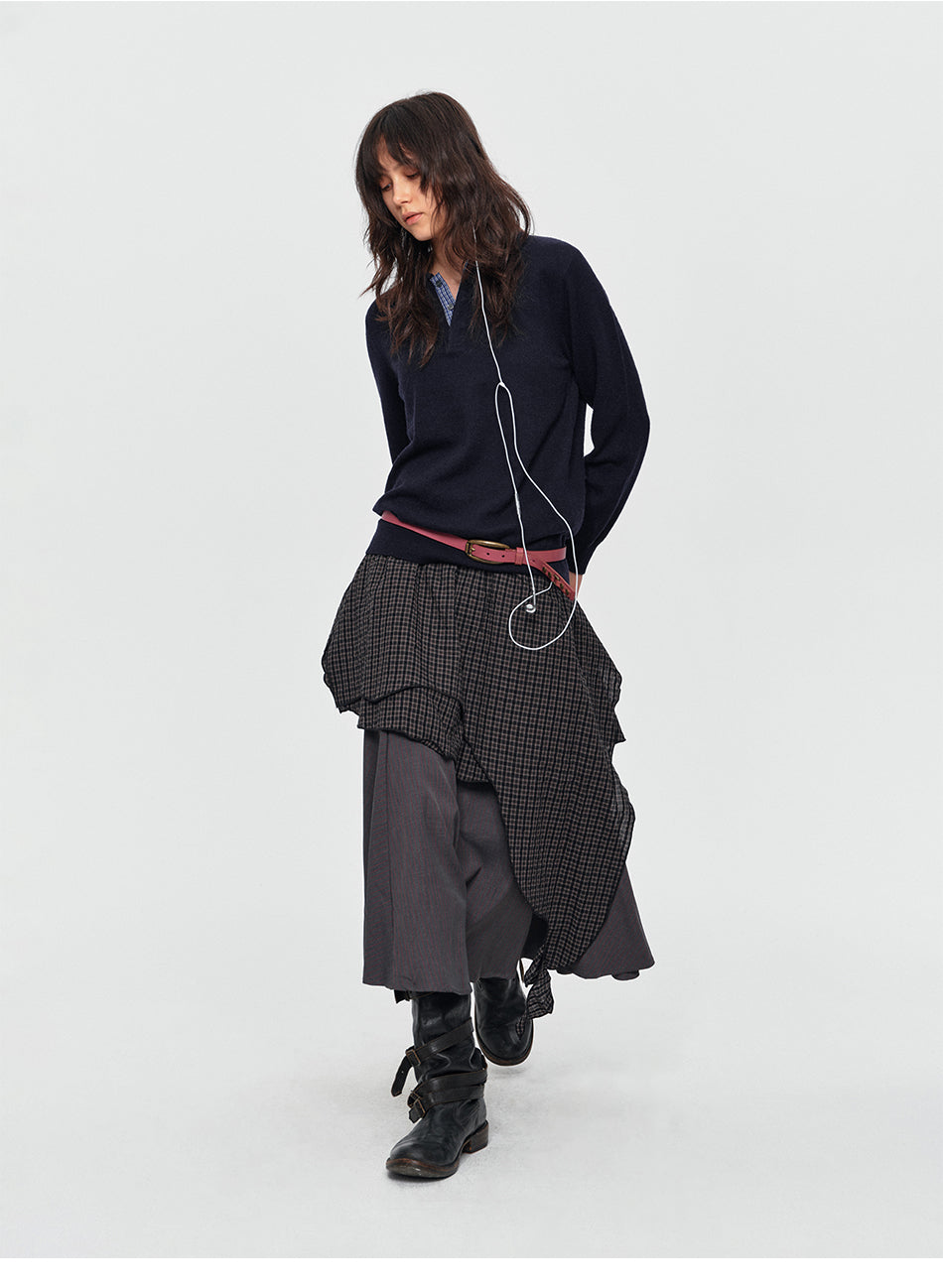 MADWITCH ASYMMETRIC LAYERED PLAID FLARE MIDI SKIRT #K102
