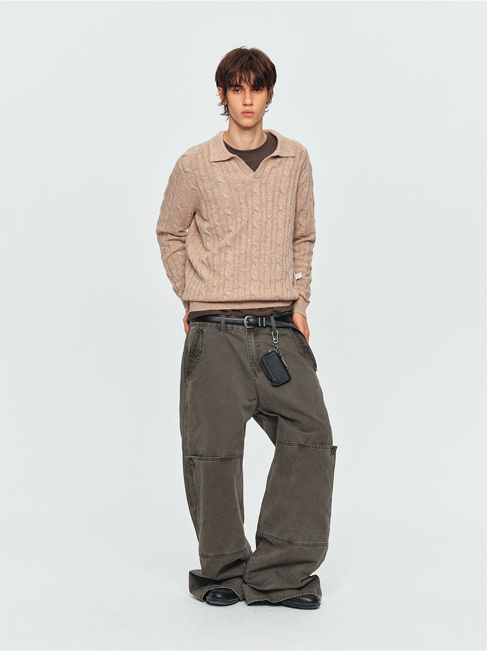MADWITCH TEXTURED CABLE-KNIT WOOL-BLEND POLO SWEATER #11892