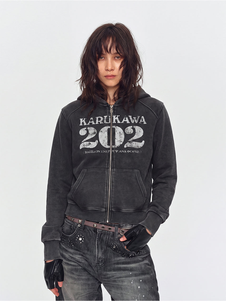 MADWITCH CRACKED-PRINT WASHED ZIP HOODIE #CW1375N