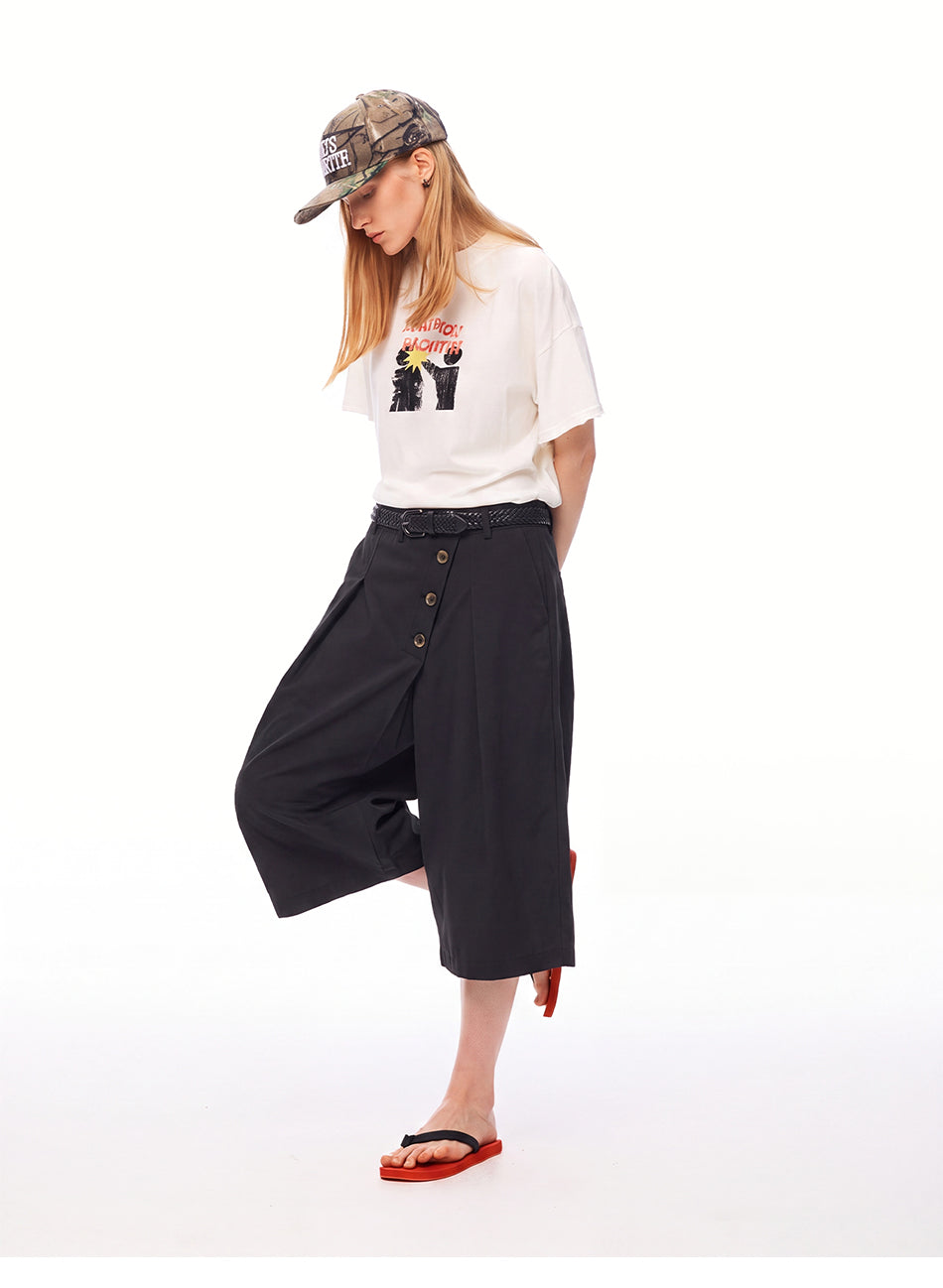 MADWITCH ASYMMETRIC BUTTONED WIDE-LEG CAPRI PANTS #C1012