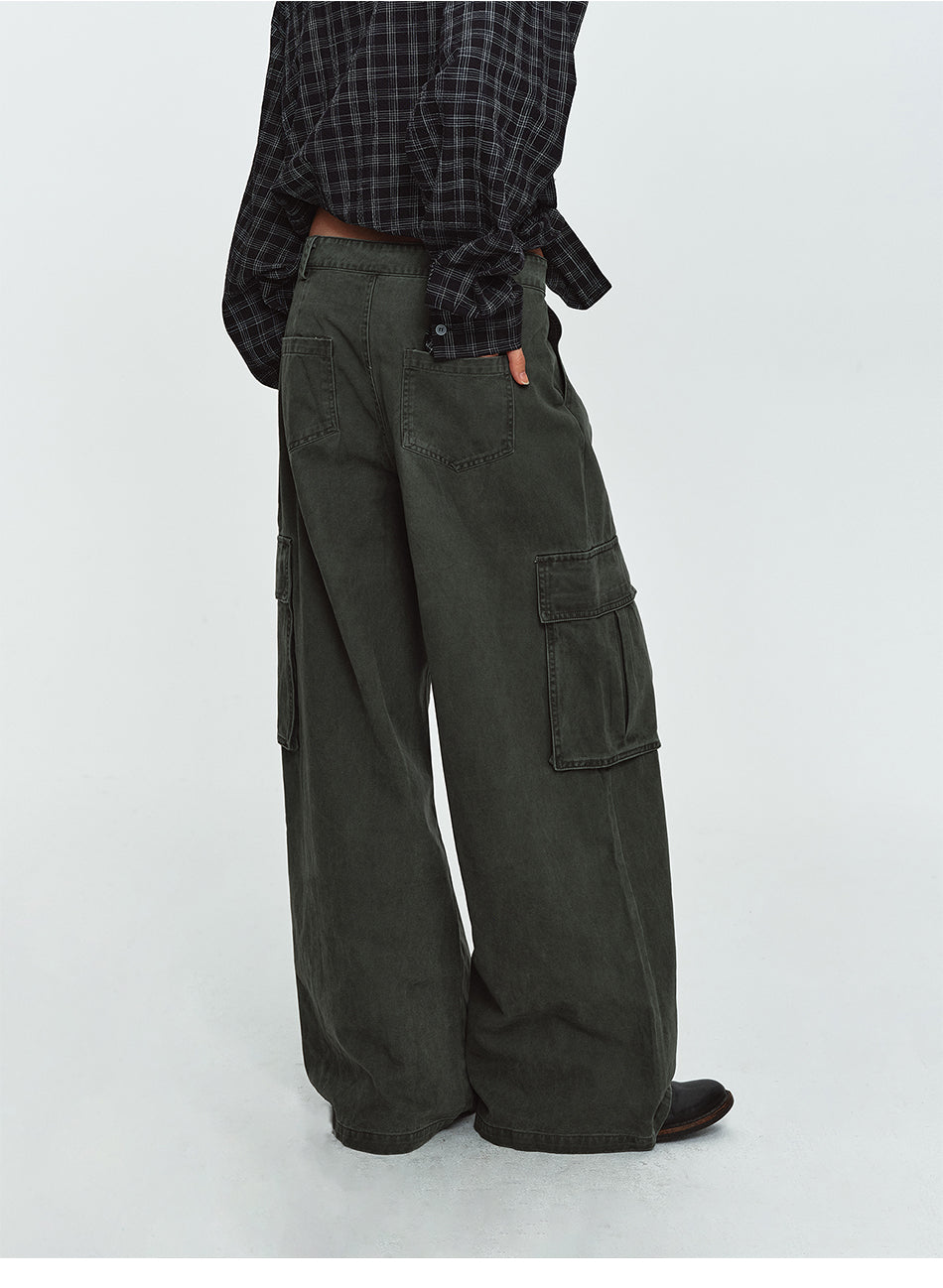 MADWITCH PLEATED WASHED CARGO WIDE-LEG TROUSERS #7621