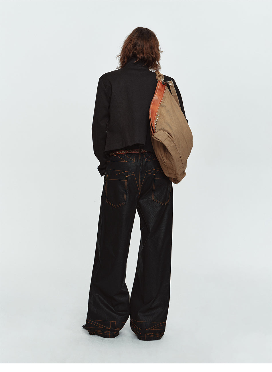 MADWITCH CONTRAST-STITCH WAXED-BLACK WIDE-LEG JEANS #GPC3659