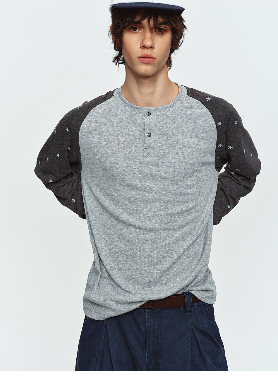 MADWITCH STAR-PRINT COLOR-BLOCK RAGLAN HENLEY TEE #2607TX5113