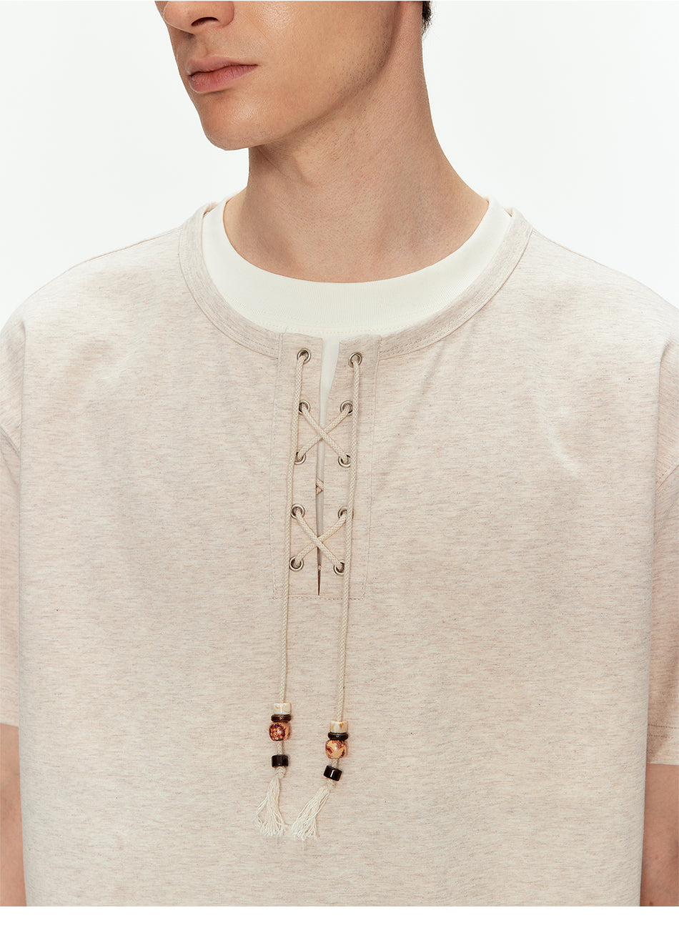 MADWITCH HENLEY NECK BEADED T SHIRT #991262