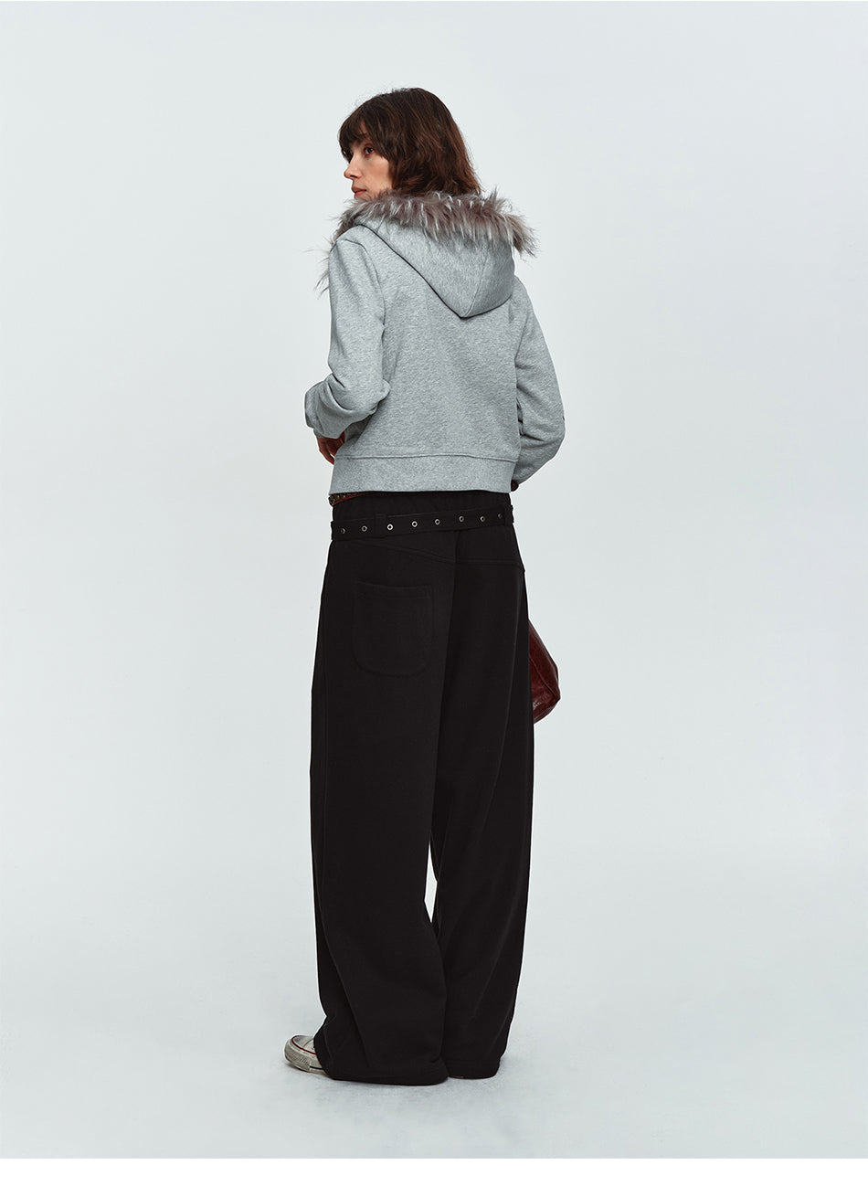 MADWITCH RHINESTONE-SCRIPT FAUX-FUR TRIM CROPPED ZIP HOODIE #L2026585