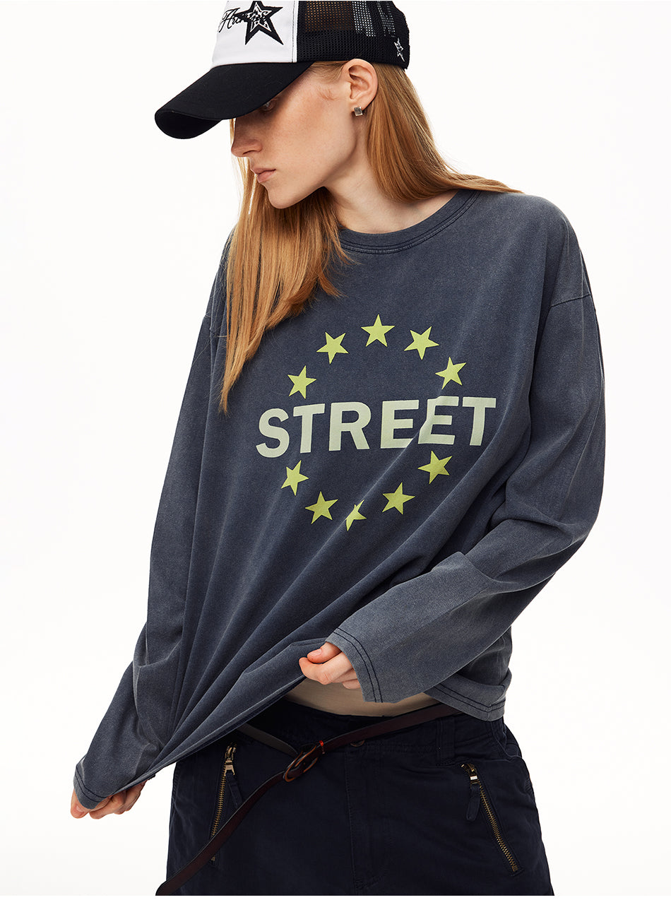 MADWITCH STREETWEAR DISTRESSED STAR-PRINT LONG-SLEEVE T-SHIRT #N2193