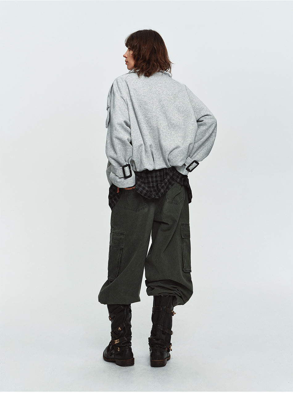 MADWITCH DOUBLE-BREASTED UTILITY-STRAP STAND-COLLAR SWEATSHIRT #G2611