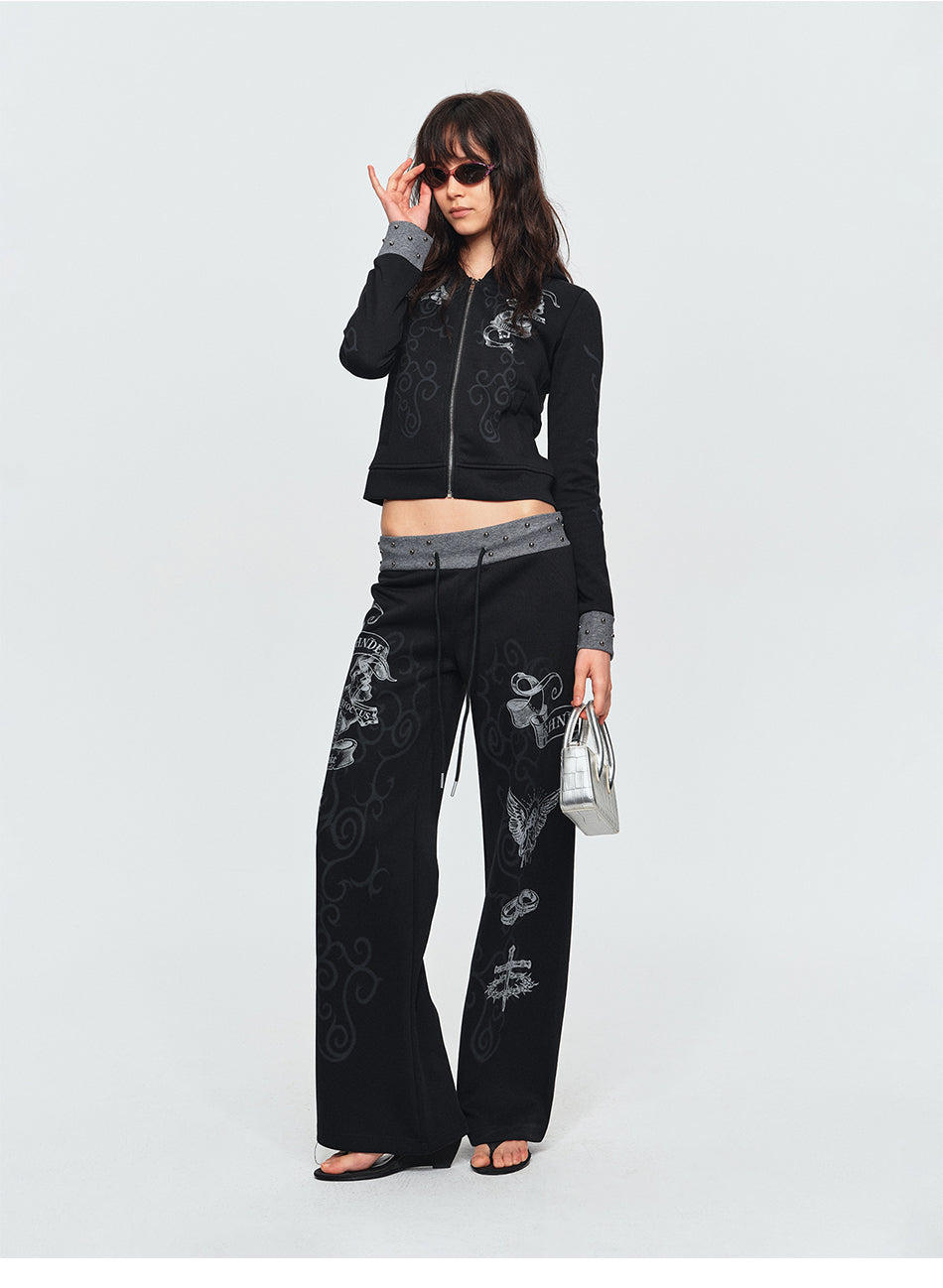 MADWITCH STUDDED SCROLL-PRINT HOODIE CARDIGAN #L2026544