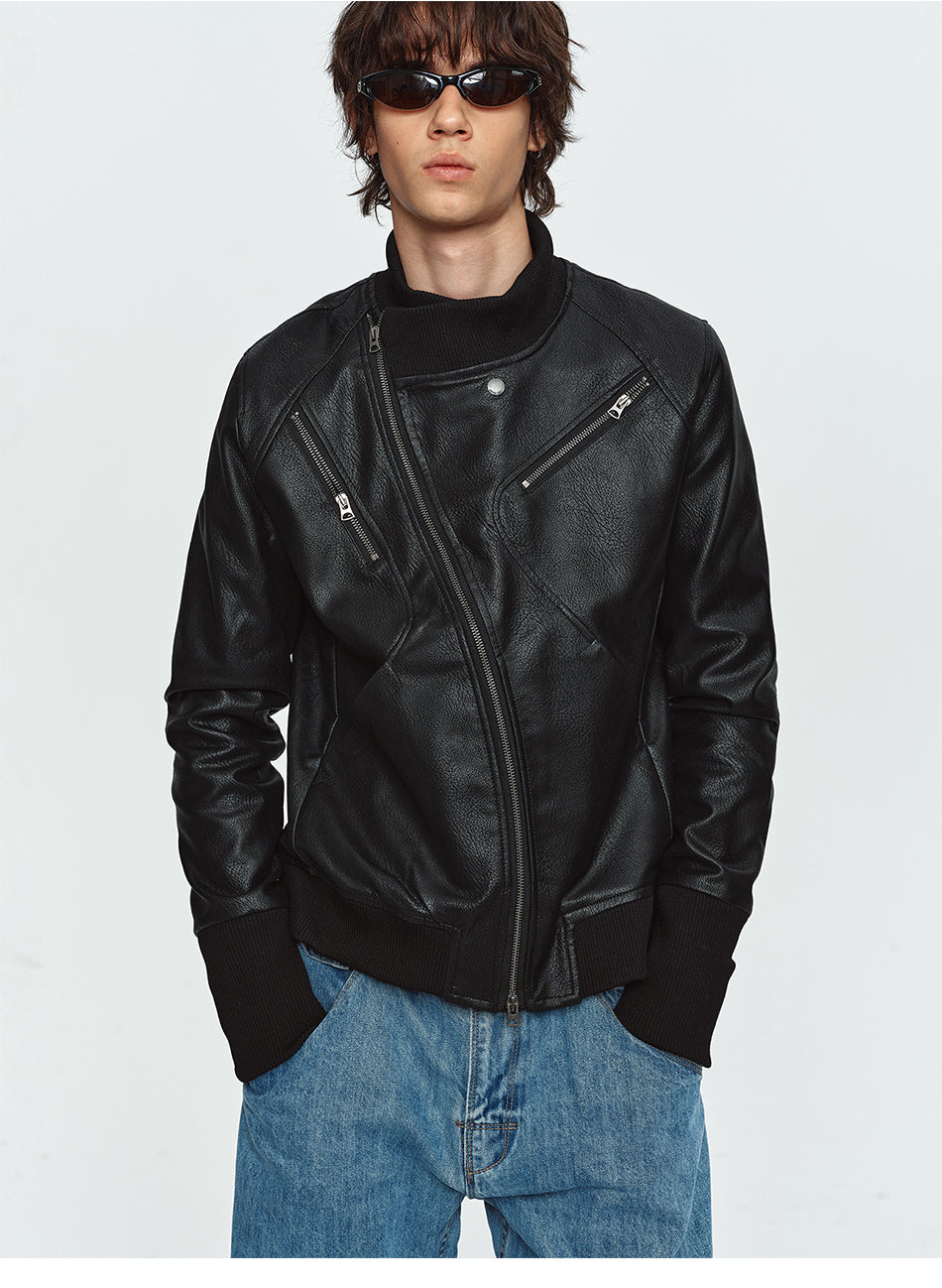 MADWITCH ASYMMETRICAL-ZIP STAND-COLLAR FAUX-LEATHER MOTO JACKET #CW1373N