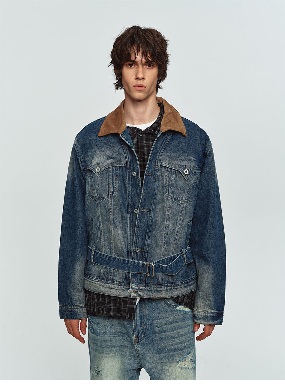 MADWITCH CONTRAST-COLLAR WASHED DISTRESSED DENIM JACKET #Z1650