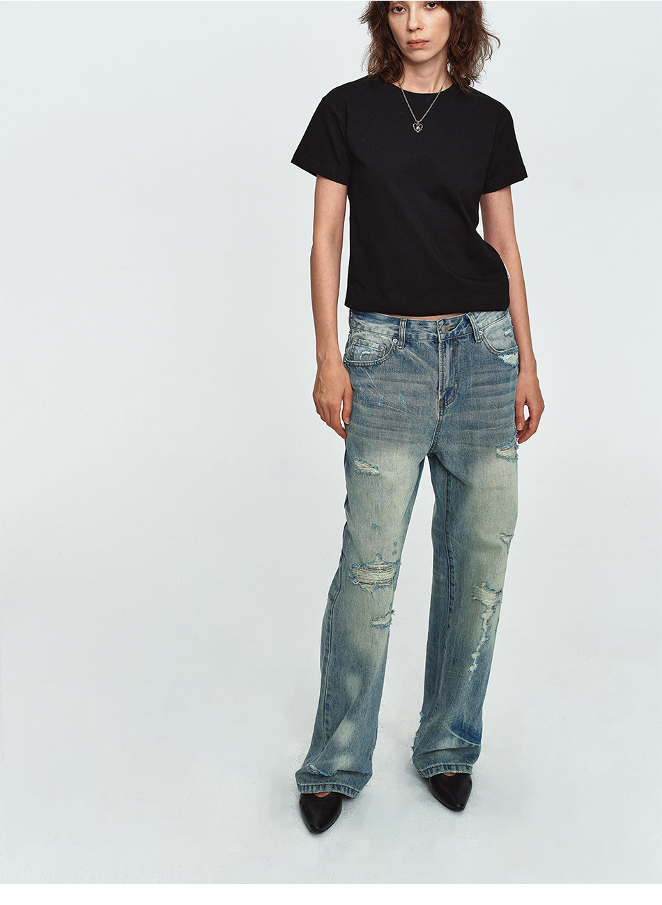 MADWITCH DISTRESSED WASHED WIDE-LEG JEANS #G60064