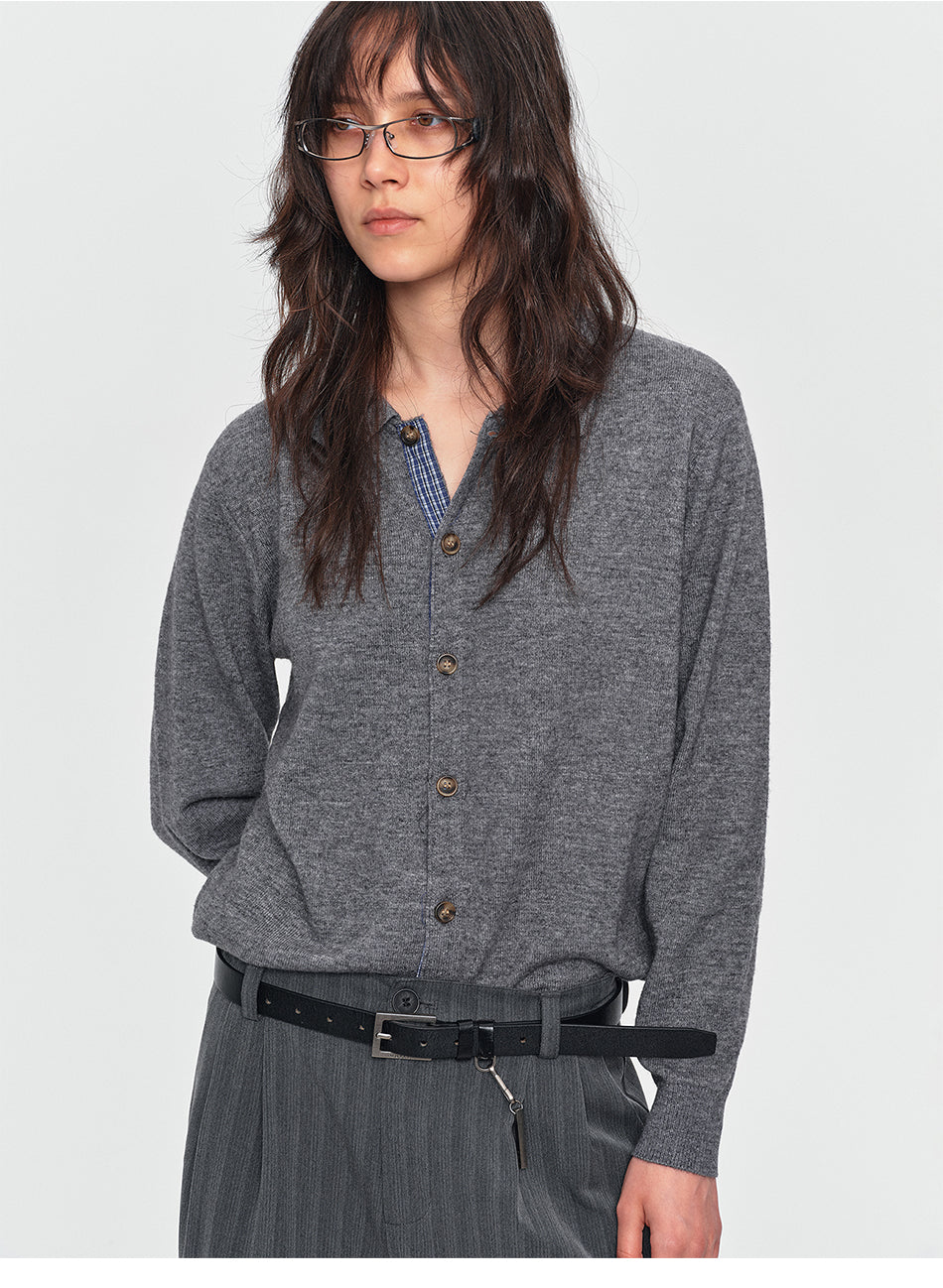 MADWITCH CONTRAST-PLACKET PLAID WOOL-BLEND CARDIGAN #11888