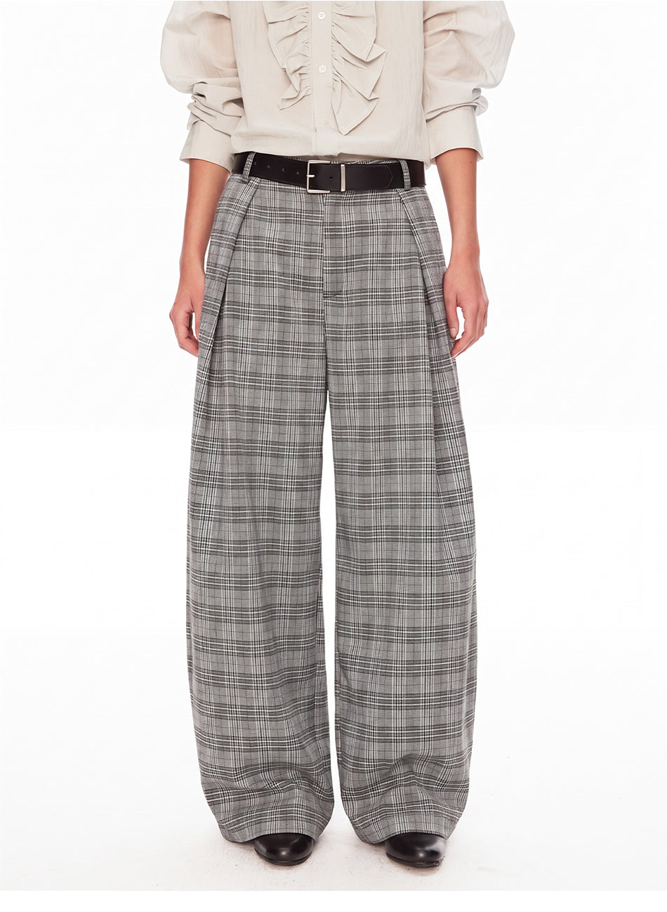 MADWITCH VINTAGE PLAID PLEATED WIDE-LEG TROUSERS #N2198