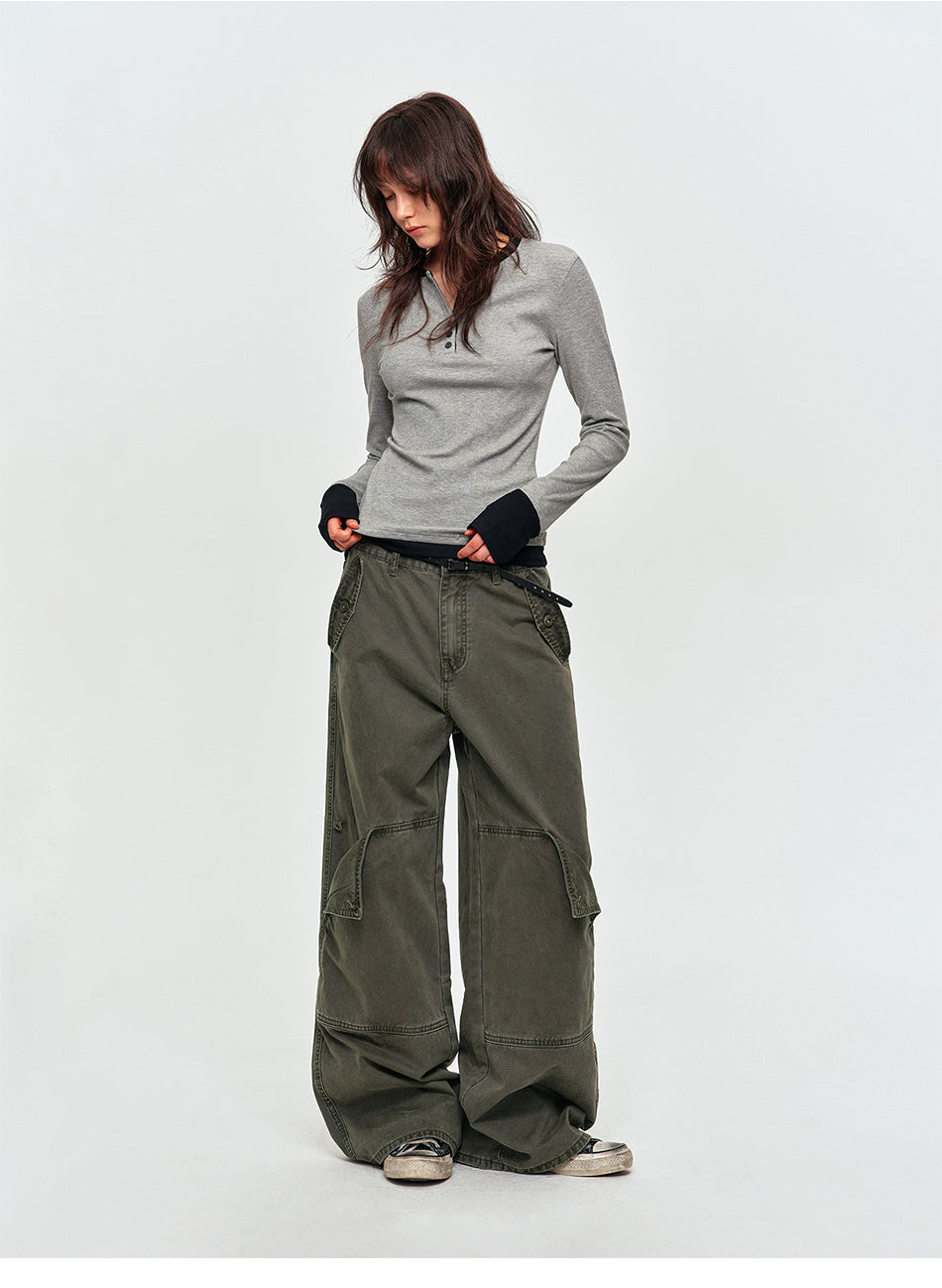 MADWITCH WASHED PANELED WIDE-LEG CARGO PANTS #DR9621