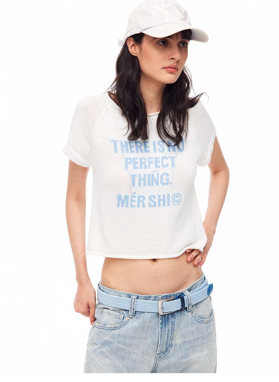 MADWITCH LETTER JACQUARD RIBBED CROPPED KNIT TEE #8787