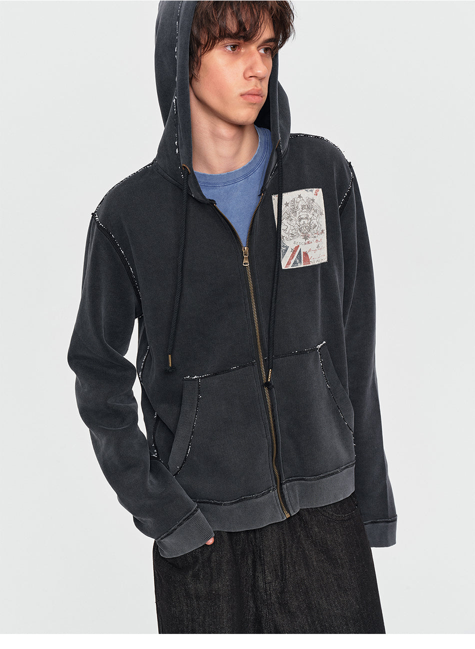 MADWITCH WASHED GRAPHIC-PATCH CROPPED ZIP HOODIE #2606WT5096