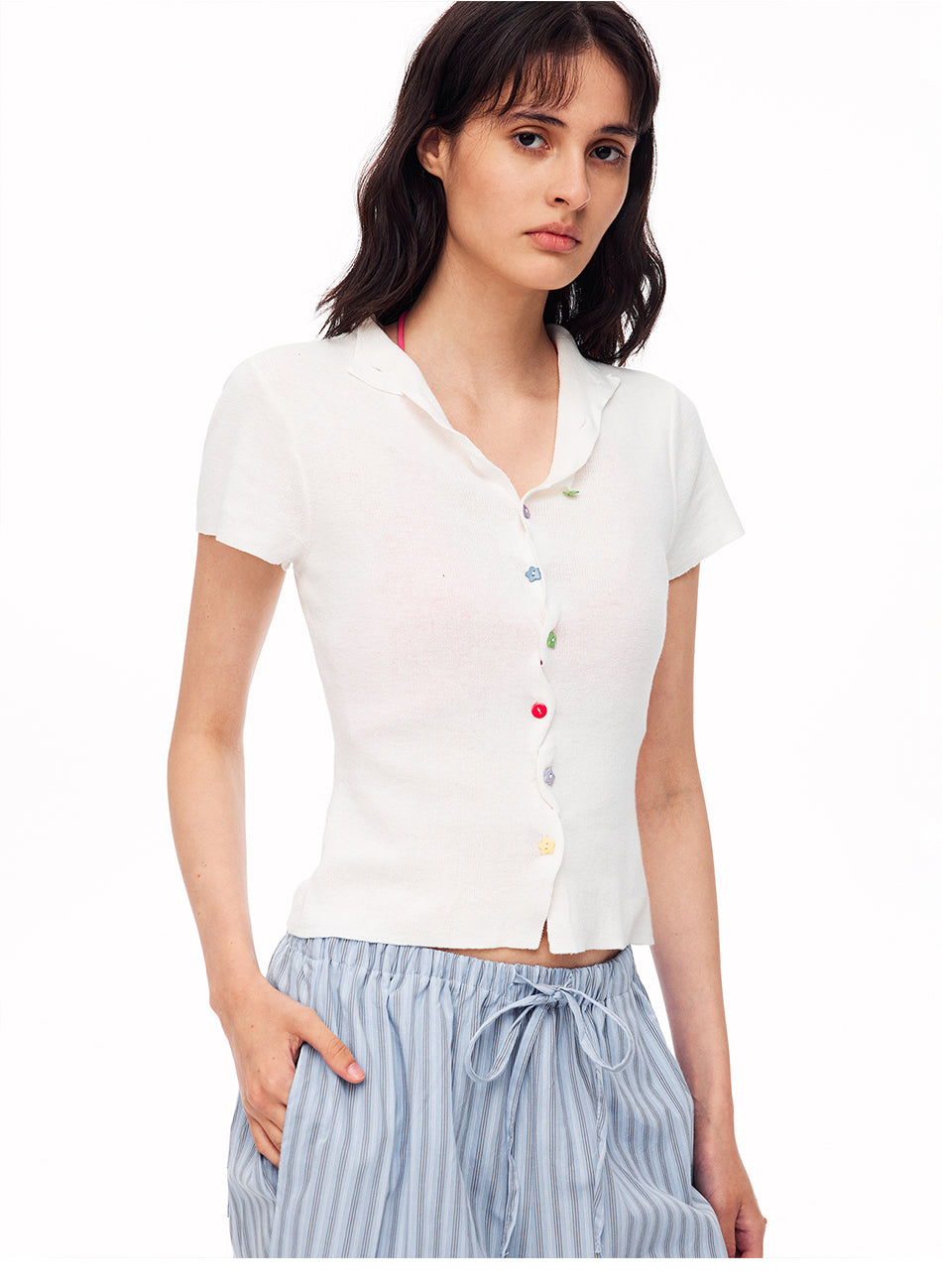 MADWITCH SCALLOPED PLACKET FLORAL BUTTON KNIT TEE #TX458