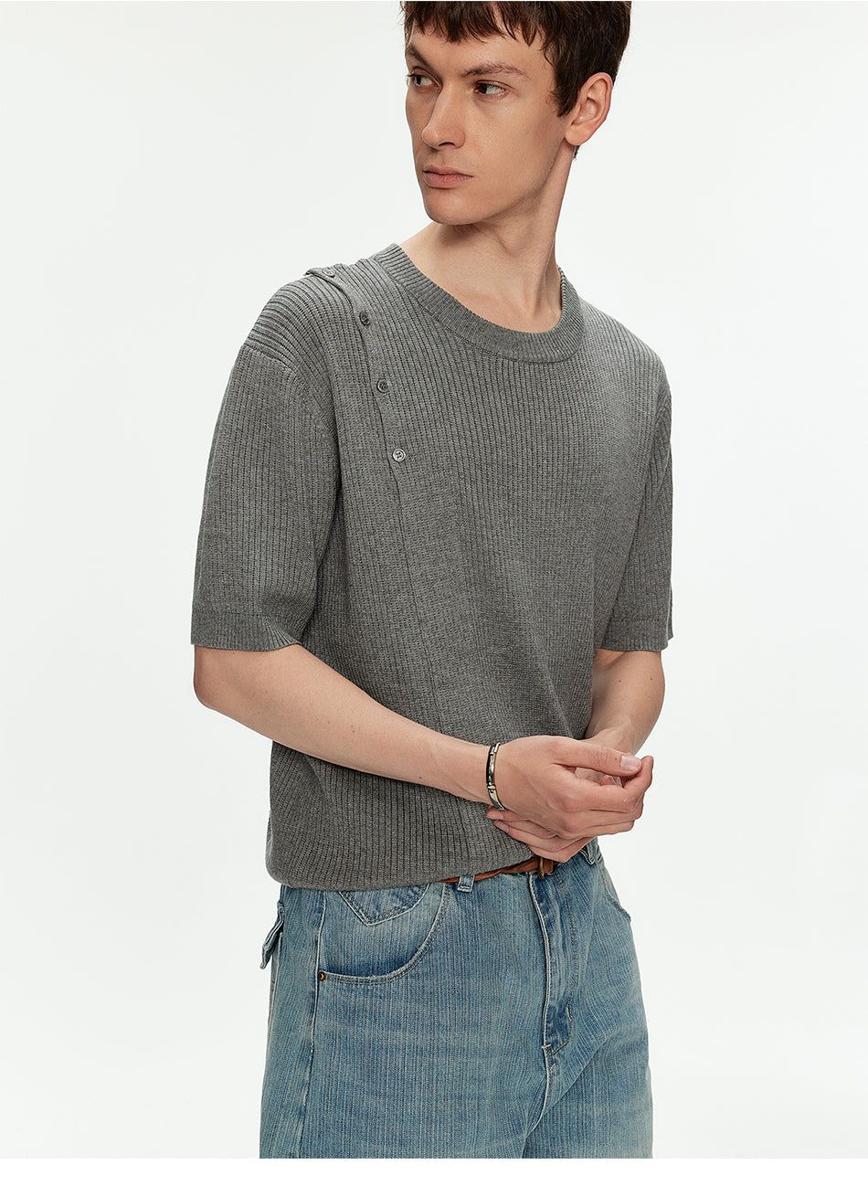 MADWITCH ASYMMETRIC BUTTON RIBBED KNIT TEE #MY26503
