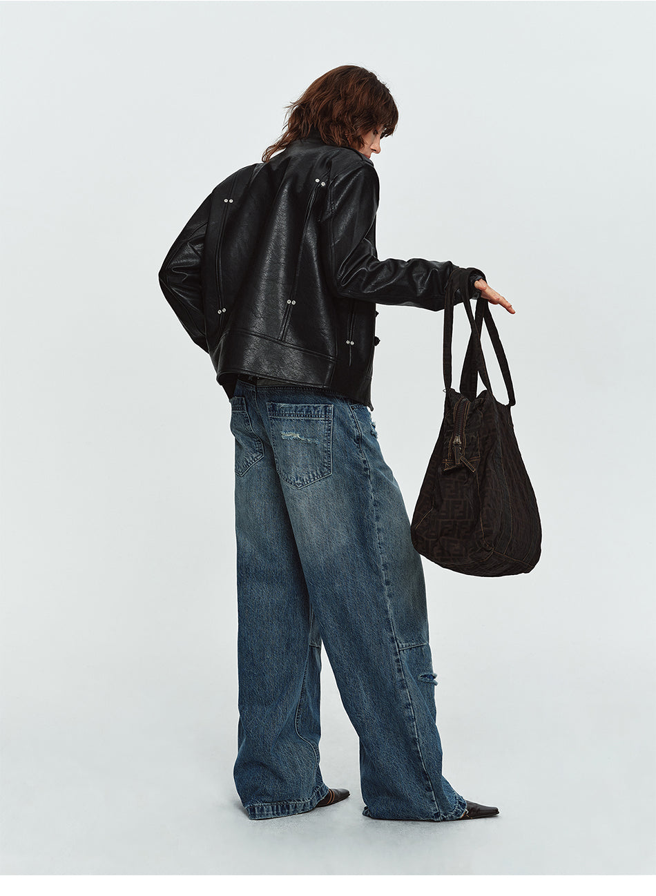 MADWITCH CONTRAST-STITCH WAXED-BLACK WIDE-LEG JEANS #GPC9859