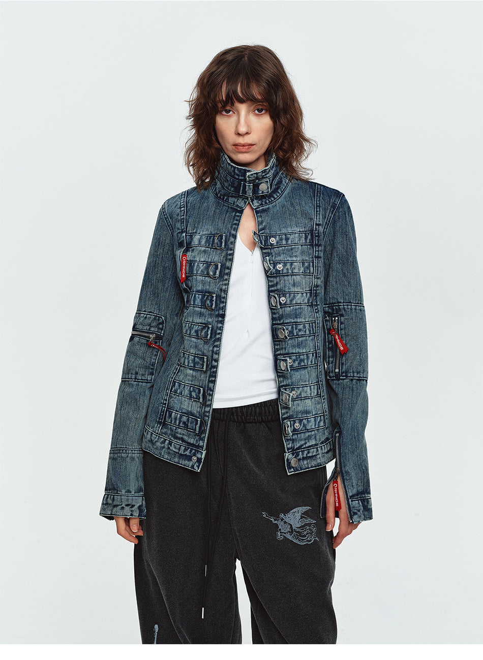 MADWITCH NAPOLEON-BUTTON WASHED CROPPED DENIM JACKET #2026126