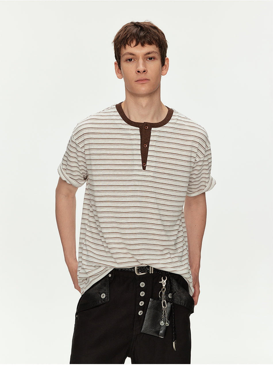 MADWITCH LINEN HENLEY STRIPE TEE #991382