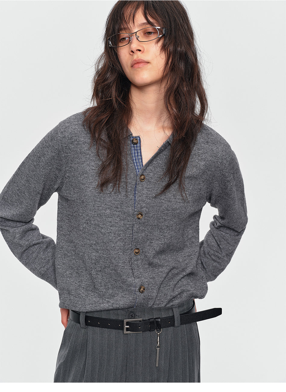 MADWITCH CONTRAST-PLACKET PLAID WOOL-BLEND CARDIGAN #11888